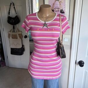 Y2K 2000s Roxy spellout Pink Striped top